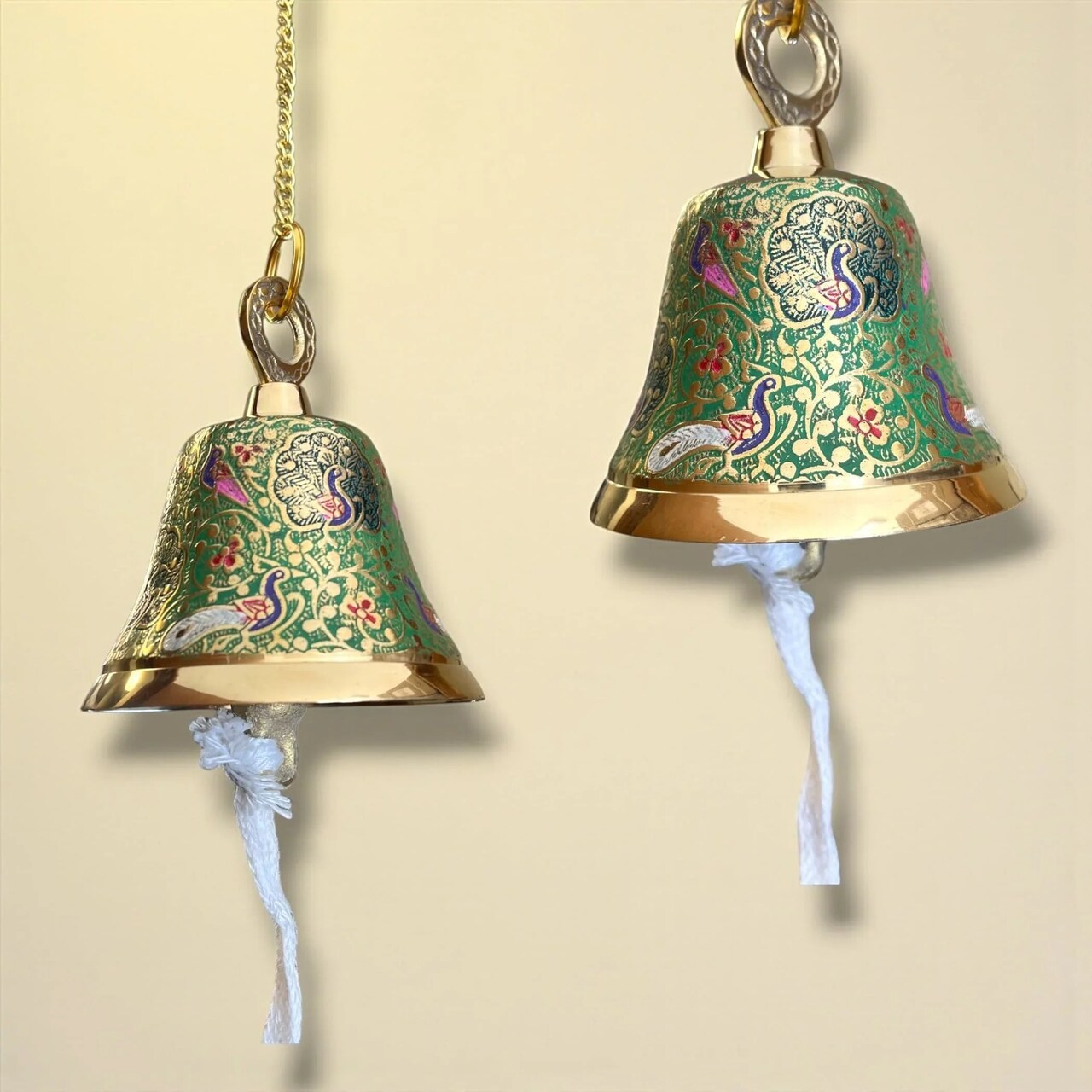 Antique Brass Hanging Bells with Chain for Temple Pooja Room Mandir Decor Peacock Print Small Hanging Bell - 4.75x4 inch Puja Ghanti for Housewarming Gift (Chain Length With Hook 12 Inches)